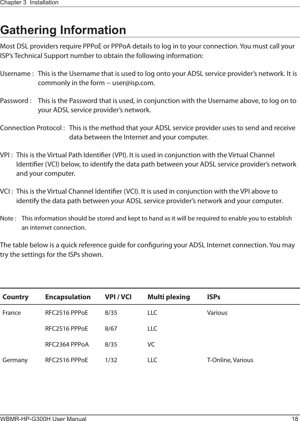 WBMR-HP-G300H User Manual 18Chapter 3  InstallationGathering InformationMost DSL providers require PPPoE or PPPoA details to log in to your connection. You must call your ISP’s Technical Support number to obtain the following information:Username :  This is the Username that is used to log onto your ADSL service provider’s network. It is commonly in the form − user@isp.com. Password :  This is the Password that is used, in conjunction with the Username above, to log on to your ADSL service provider’s network.Connection Protocol :  This is the method that your ADSL service provider uses to send and receive data between the Internet and your computer.VPI :  This is the Virtual Path Identier (VPI). It is used in conjunction with the Virtual Channel Identier (VCI) below, to identify the data path between your ADSL service provider’s network and your computer.VCI :  This is the Virtual Channel Identier (VCI). It is used in conjunction with the VPI above to identify the data path between your ADSL service provider’s network and your computer.Note :  This information should be stored and kept to hand as it will be required to enable you to establish an internet connection. The table below is a quick reference guide for conguring your ADSL Internet connection. You may try the settings for the ISPs shown.Country Encapsulation VPI / VCI Multi plexing ISPsFrance RFC2516 PPPoE 8/35 LLC VariousRFC2516 PPPoE 8/67 LLCRFC2364 PPPoA 8/35 VCGermany RFC2516 PPPoE 1/32 LLC T-Online, Various