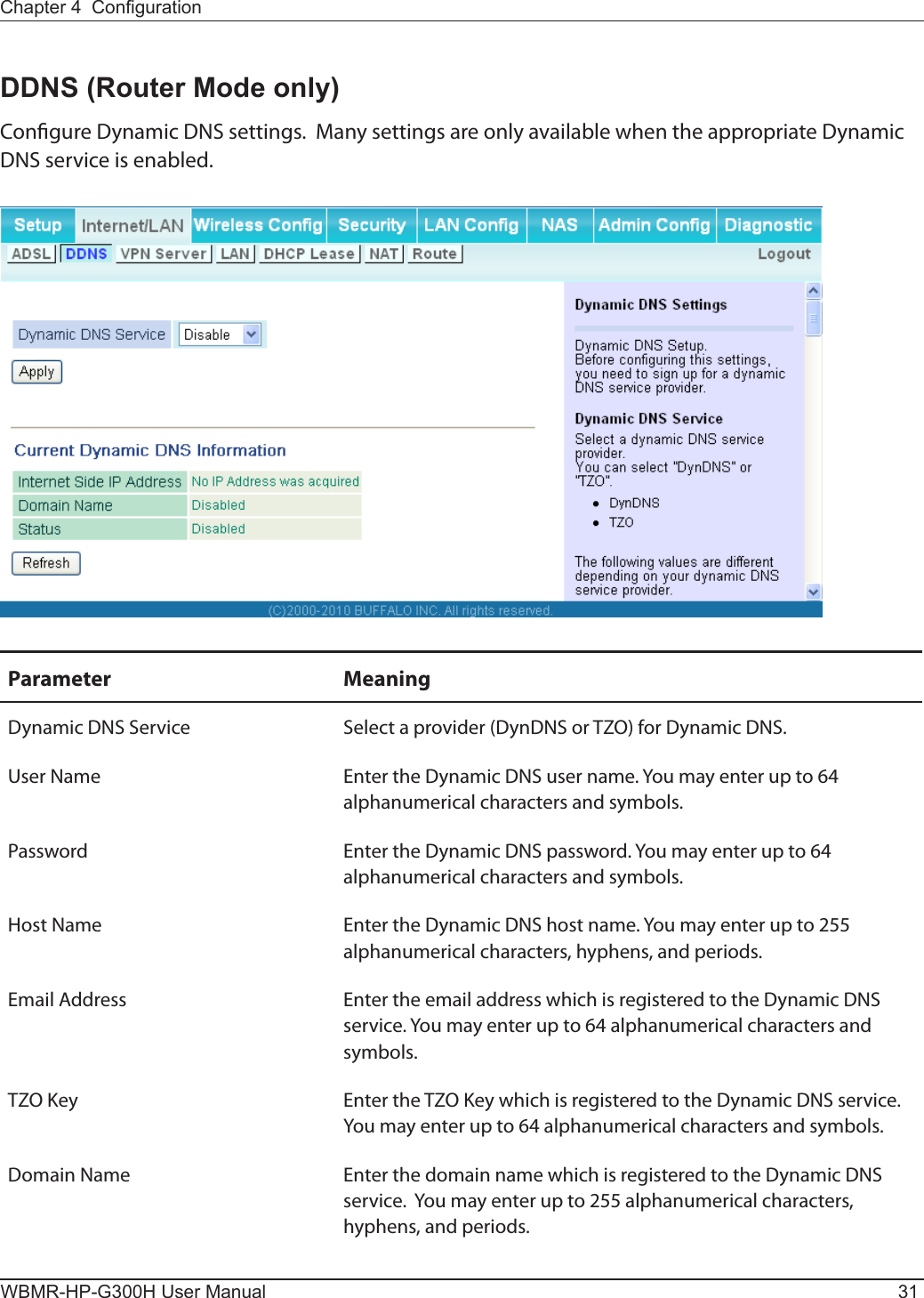 Chapter 4  CongurationWBMR-HP-G300H User Manual 31DDNS (Router Mode only)Congure Dynamic DNS settings.  Many settings are only available when the appropriate Dynamic DNS service is enabled.Parameter MeaningDynamic DNS Service Select a provider (DynDNS or TZO) for Dynamic DNS.User Name Enter the Dynamic DNS user name. You may enter up to 64 alphanumerical characters and symbols.Password Enter the Dynamic DNS password. You may enter up to 64 alphanumerical characters and symbols.Host Name Enter the Dynamic DNS host name. You may enter up to 255 alphanumerical characters, hyphens, and periods.Email Address Enter the email address which is registered to the Dynamic DNS service. You may enter up to 64 alphanumerical characters and symbols.TZO Key Enter the TZO Key which is registered to the Dynamic DNS service. You may enter up to 64 alphanumerical characters and symbols.Domain Name Enter the domain name which is registered to the Dynamic DNS service.  You may enter up to 255 alphanumerical characters, hyphens, and periods.