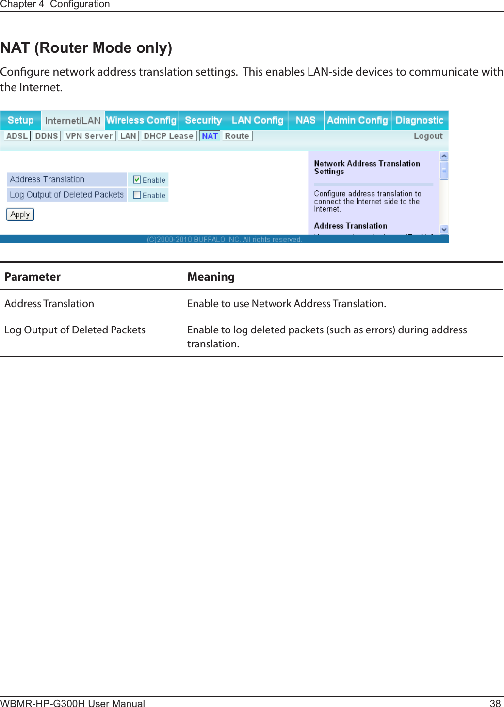 WBMR-HP-G300H User Manual 38Chapter 4  CongurationNAT (Router Mode only)Congure network address translation settings.  This enables LAN-side devices to communicate with the Internet.Parameter MeaningAddress Translation Enable to use Network Address Translation.Log Output of Deleted Packets Enable to log deleted packets (such as errors) during address translation.