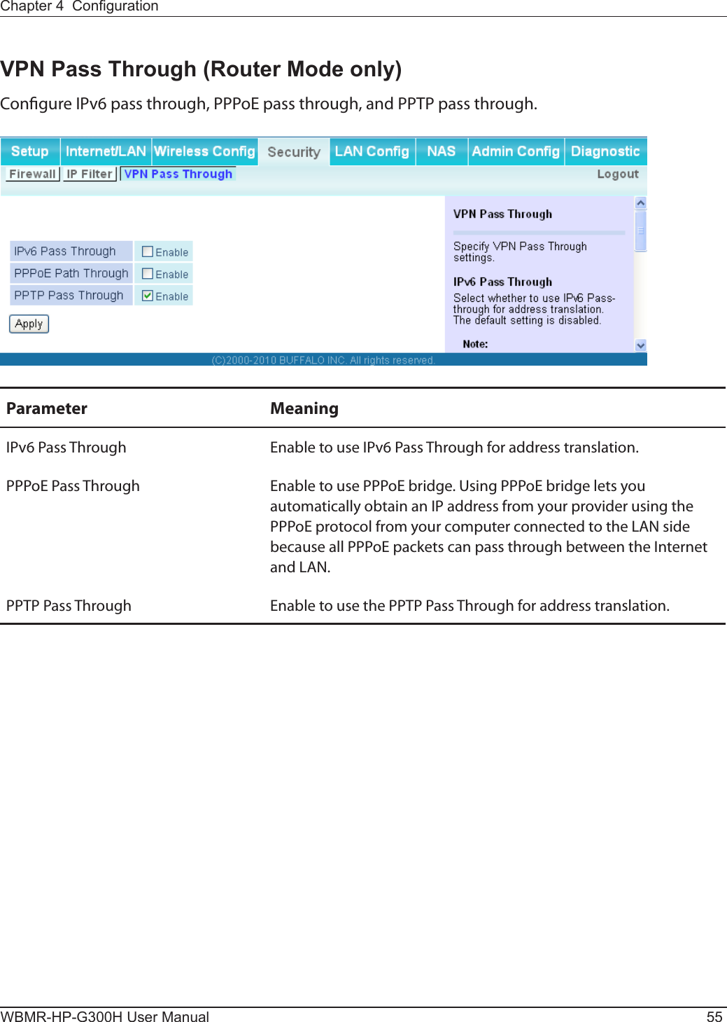 Chapter 4  CongurationWBMR-HP-G300H User Manual 55VPN Pass Through (Router Mode only)Congure IPv6 pass through, PPPoE pass through, and PPTP pass through.Parameter MeaningIPv6 Pass Through Enable to use IPv6 Pass Through for address translation.PPPoE Pass Through Enable to use PPPoE bridge. Using PPPoE bridge lets you  automatically obtain an IP address from your provider using the PPPoE protocol from your computer connected to the LAN side because all PPPoE packets can pass through between the Internet and LAN.PPTP Pass Through Enable to use the PPTP Pass Through for address translation.