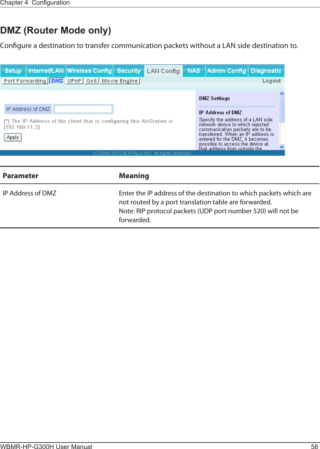 WBMR-HP-G300H User Manual 58Chapter 4  CongurationDMZ (Router Mode only)Congure a destination to transfer communication packets without a LAN side destination to.Parameter MeaningIP Address of DMZ Enter the IP address of the destination to which packets which are not routed by a port translation table are forwarded.Note: RIP protocol packets (UDP port number 520) will not be forwarded.