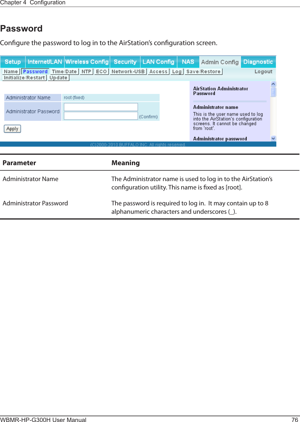 WBMR-HP-G300H User Manual 76Chapter 4  CongurationPasswordCongure the password to log in to the AirStation’s conguration screen.Parameter MeaningAdministrator Name The Administrator name is used to log in to the AirStation’s conguration utility. This name is xed as [root].Administrator Password The password is required to log in.  It may contain up to 8 alphanumeric characters and underscores (_).