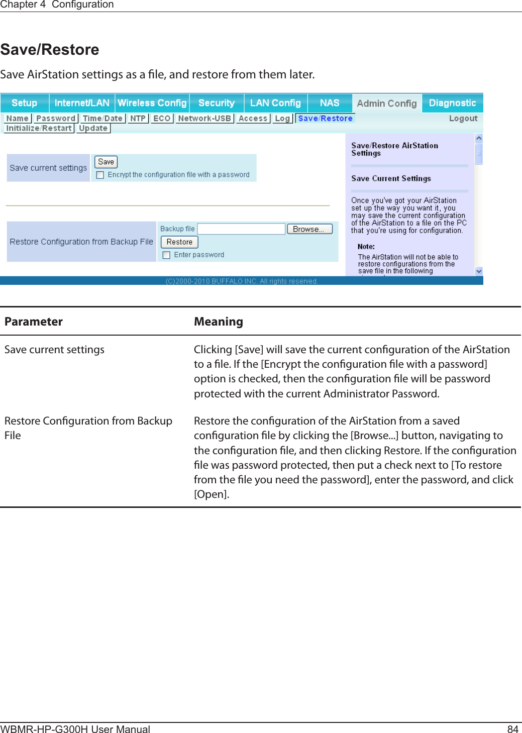 WBMR-HP-G300H User Manual 84Chapter 4  CongurationSave/RestoreSave AirStation settings as a le, and restore from them later.Parameter MeaningSave current settings Clicking [Save] will save the current conguration of the AirStation to a le. If the [Encrypt the conguration le with a password] option is checked, then the conguration le will be password protected with the current Administrator Password.Restore Conguration from Backup FileRestore the conguration of the AirStation from a saved conguration le by clicking the [Browse...] button, navigating to the conguration le, and then clicking Restore. If the conguration le was password protected, then put a check next to [To restore from the le you need the password], enter the password, and click [Open].