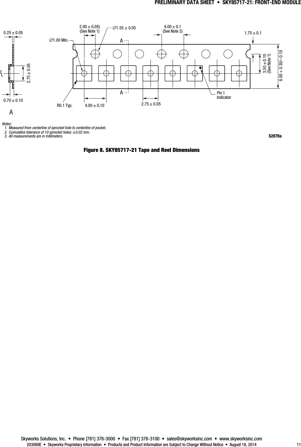 PRELIMINARY DATA SHEET  •  SKY85717-21: FRONT-END MODULE Skyworks Solutions, Inc.  •  Phone [781] 376-3000  •  Fax [781] 376-3100  •  sales@skyworksinc.com  •  www.skyworksinc.com   203068E  •  Skyworks Proprietary Information  •  Products and Product Information are Subject to Change Without Notice  •  August 18, 2014  11 S2678a2.00 ± 0.05)(See Note 1)4.00 ± 0.1(See Note 2)2.75 ± 0.054.00 ± 0.10∅1.55 ± 0.05∅1.00 Min.8.00 + 0.30/– 0.103.50 ± 0.10(See Note 1)2.75 ± 0.051.75 ± 0.1Pin 1Indicator0.25 ± 0.050.70 ± 0.10AAAR0.1 Typ.Notes:  1. Measured from centerline of sprocket hole to centerline of pocket.  2. Cumulative tolerance of 10 sprocket holes: ±0.02 mm.  3. All measurements are in millimeters.CL Figure 8. SKY85717-21 Tape and Reel Dimensions  