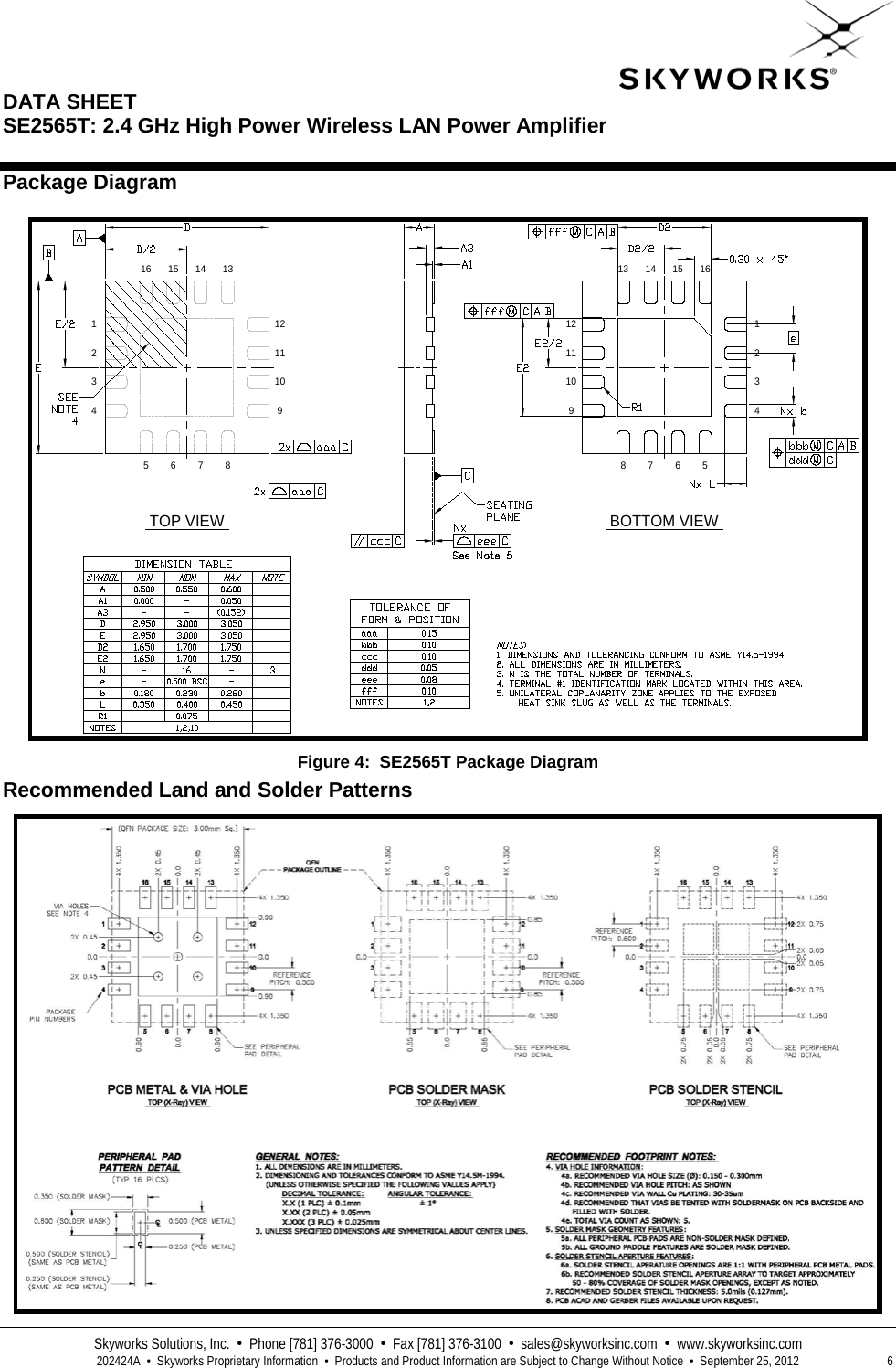  DATA SHEET  SE2565T: 2.4 GHz High Power Wireless LAN Power Amplifier   Skyworks Solutions, Inc.  •  Phone [781] 376-3000  •  Fax [781] 376-3100  •  sales@skyworksinc.com  •  www.skyworksinc.com  202424A  •  Skyworks Proprietary Information  •  Products and Product Information are Subject to Change Without Notice  •  September 25, 2012  6 Package Diagram  TOP VIEW   BOTTOM VIEW 1645915614713831021111216459156147138310211112 Figure 4:  SE2565T Package Diagram Recommended Land and Solder Patterns   