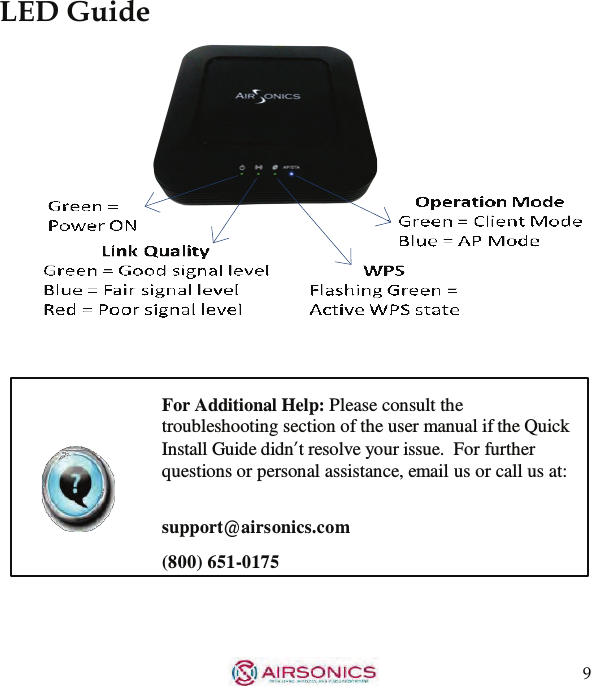 9  LED Guide                    For Additional Help: Please consult the troubleshooting section of the user manual if the Quick Install Guide didn’t resolve your issue.  For further questions or personal assistance, email us or call us at:   support@airsonics.com  (800) 651-0175 