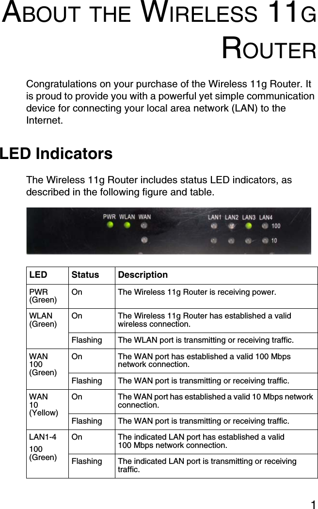 1ABOUT THE WIRELESS 11GROUTERCongratulations on your purchase of the Wireless 11g Router. It is proud to provide you with a powerful yet simple communication device for connecting your local area network (LAN) to the Internet. LED IndicatorsThe Wireless 11g Router includes status LED indicators, as described in the following figure and table.LED Status DescriptionPWR (Green) On  The Wireless 11g Router is receiving power.WLAN (Green) On The Wireless 11g Router has established a valid wireless connection.Flashing  The WLAN port is transmitting or receiving traffic.WAN100(Green)On  The WAN port has established a valid 100 Mbps network connection.Flashing  The WAN port is transmitting or receiving traffic.WAN10(Yellow)On  The WAN port has established a valid 10 Mbps network connection.Flashing  The WAN port is transmitting or receiving traffic.LAN1-4100(Green)On  The indicated LAN port has established a valid 100 Mbps network connection.Flashing  The indicated LAN port is transmitting or receiving traffic.