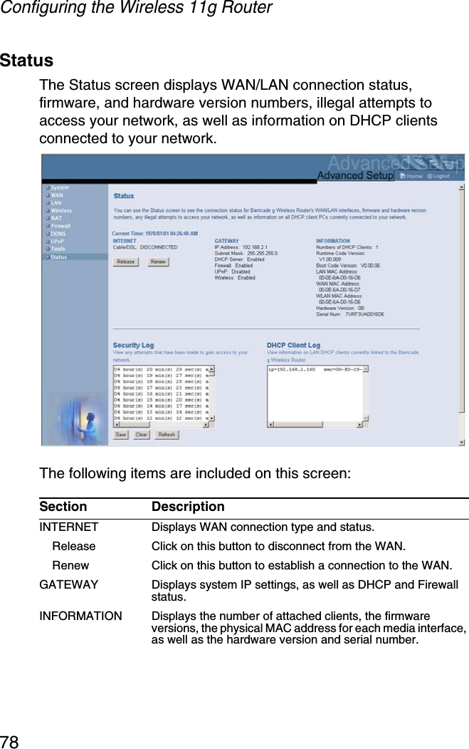 Configuring the Wireless 11g Router78StatusThe Status screen displays WAN/LAN connection status, firmware, and hardware version numbers, illegal attempts to access your network, as well as information on DHCP clients connected to your network.The following items are included on this screen:Section DescriptionINTERNET Displays WAN connection type and status.Release Click on this button to disconnect from the WAN. Renew Click on this button to establish a connection to the WAN.GATEWAY Displays system IP settings, as well as DHCP and Firewall status.INFORMATION Displays the number of attached clients, the firmware versions, the physical MAC address for each media interface, as well as the hardware version and serial number.