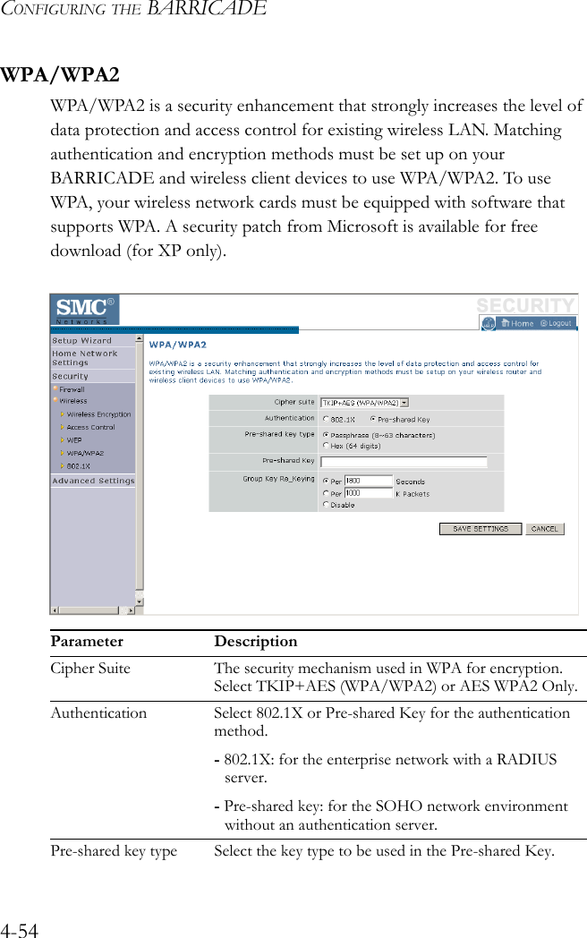 CONFIGURING THE BARRICADE4-54WPA/WPA2WPA/WPA2 is a security enhancement that strongly increases the level of data protection and access control for existing wireless LAN. Matching authentication and encryption methods must be set up on your BARRICADE and wireless client devices to use WPA/WPA2. To use WPA, your wireless network cards must be equipped with software that supports WPA. A security patch from Microsoft is available for free download (for XP only).Parameter DescriptionCipher Suite The security mechanism used in WPA for encryption. Select TKIP+AES (WPA/WPA2) or AES WPA2 Only.Authentication Select 802.1X or Pre-shared Key for the authentication method.- 802.1X: for the enterprise network with a RADIUS server.- Pre-shared key: for the SOHO network environment without an authentication server.Pre-shared key type Select the key type to be used in the Pre-shared Key.