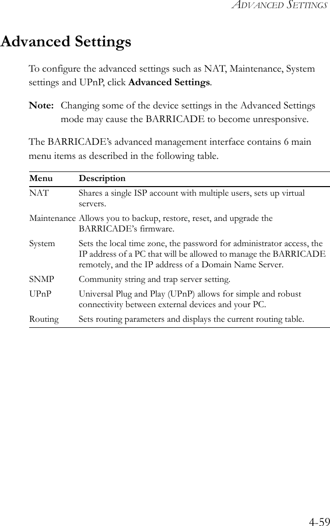 ADVANCED SETTINGS4-59Advanced SettingsTo configure the advanced settings such as NAT, Maintenance, System settings and UPnP, click Advanced Settings.Note: Changing some of the device settings in the Advanced Settings mode may cause the BARRICADE to become unresponsive.The BARRICADE’s advanced management interface contains 6 main menu items as described in the following table.Menu DescriptionNAT Shares a single ISP account with multiple users, sets up virtual servers.Maintenance Allows you to backup, restore, reset, and upgrade the BARRICADE’s firmware.System Sets the local time zone, the password for administrator access, the IP address of a PC that will be allowed to manage the BARRICADE remotely, and the IP address of a Domain Name Server.SNMP Community string and trap server setting.UPnP Universal Plug and Play (UPnP) allows for simple and robust connectivity between external devices and your PC.Routing Sets routing parameters and displays the current routing table. 