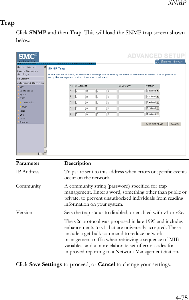 SNMP4-75TrapClick SNMP and then Trap. This will load the SNMP trap screen shown below.Click Save Settings to proceed, or Cancel to change your settings.Parameter DescriptionIP Address Traps are sent to this address when errors or specific events occur on the network.Community A community string (password) specified for trap management. Enter a word, something other than public or private, to prevent unauthorized individuals from reading information on your system.Version Sets the trap status to disabled, or enabled with v1 or v2c.The v2c protocol was proposed in late 1995 and includes enhancements to v1 that are universally accepted. These include a get-bulk command to reduce network management traffic when retrieving a sequence of MIB variables, and a more elaborate set of error codes for improved reporting to a Network Management Station. 