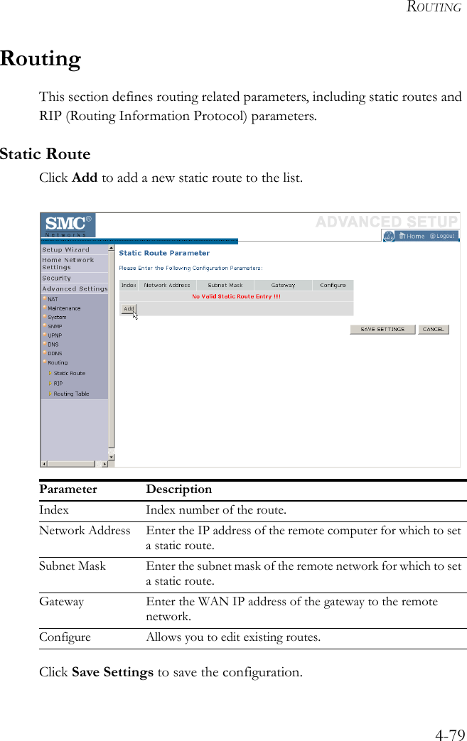 ROUTING4-79RoutingThis section defines routing related parameters, including static routes and RIP (Routing Information Protocol) parameters.Static RouteClick Add to add a new static route to the list.Click Save Settings to save the configuration.Parameter DescriptionIndex Index number of the route.Network Address Enter the IP address of the remote computer for which to set a static route.Subnet Mask Enter the subnet mask of the remote network for which to set a static route.Gateway Enter the WAN IP address of the gateway to the remote network.Configure Allows you to edit existing routes.