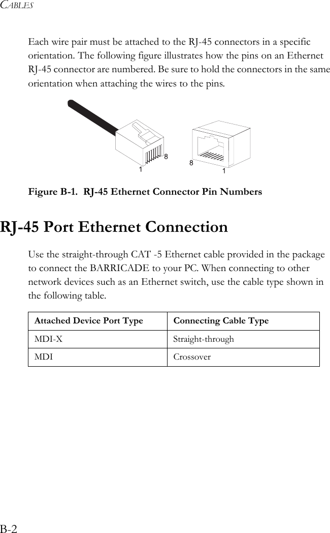CABLESB-2Each wire pair must be attached to the RJ-45 connectors in a specific orientation. The following figure illustrates how the pins on an Ethernet RJ-45 connector are numbered. Be sure to hold the connectors in the same orientation when attaching the wires to the pins. Figure B-1.  RJ-45 Ethernet Connector Pin NumbersRJ-45 Port Ethernet ConnectionUse the straight-through CAT -5 Ethernet cable provided in the package to connect the BARRICADE to your PC. When connecting to other network devices such as an Ethernet switch, use the cable type shown in the following table.Attached Device Port Type Connecting Cable TypeMDI-X Straight-throughMDI Crossover