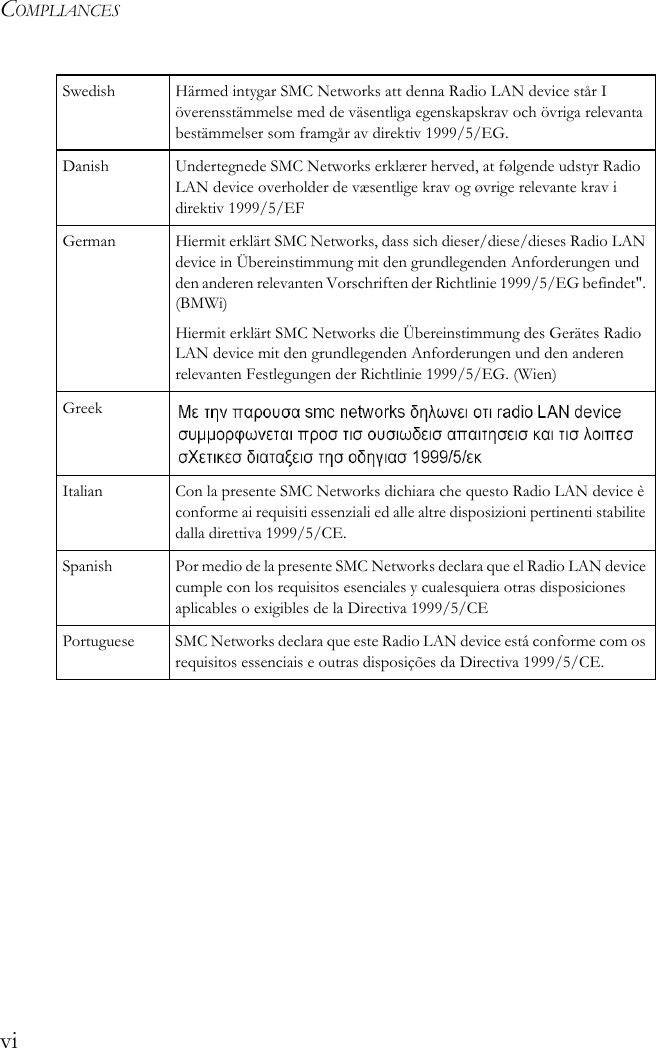 COMPLIANCESviSwedish Härmed intygar SMC Networks att denna Radio LAN device står I överensstämmelse med de väsentliga egenskapskrav och övriga relevanta bestämmelser som framgår av direktiv 1999/5/EG.Danish Undertegnede SMC Networks erklærer herved, at følgende udstyr Radio LAN device overholder de væsentlige krav og øvrige relevante krav i direktiv 1999/5/EFGerman Hiermit erklärt SMC Networks, dass sich dieser/diese/dieses Radio LAN device in Übereinstimmung mit den grundlegenden Anforderungen und den anderen relevanten Vorschriften der Richtlinie 1999/5/EG befindet&quot;. (BMWi)Hiermit erklärt SMC Networks die Übereinstimmung des Gerätes Radio LAN device mit den grundlegenden Anforderungen und den anderen relevanten Festlegungen der Richtlinie 1999/5/EG. (Wien)GreekItalian Con la presente SMC Networks dichiara che questo Radio LAN device è conforme ai requisiti essenziali ed alle altre disposizioni pertinenti stabilite dalla direttiva 1999/5/CE.Spanish Por medio de la presente SMC Networks declara que el Radio LAN device cumple con los requisitos esenciales y cualesquiera otras disposiciones aplicables o exigibles de la Directiva 1999/5/CEPortuguese SMC Networks declara que este Radio LAN device está conforme com os requisitos essenciais e outras disposições da Directiva 1999/5/CE.