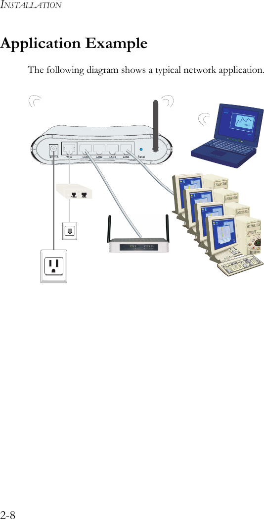 INSTALLATION2-8Application ExampleThe following diagram shows a typical network application.9V 1A WAN LAN1 LAN2 LAN3 LAN4Phone ADSL