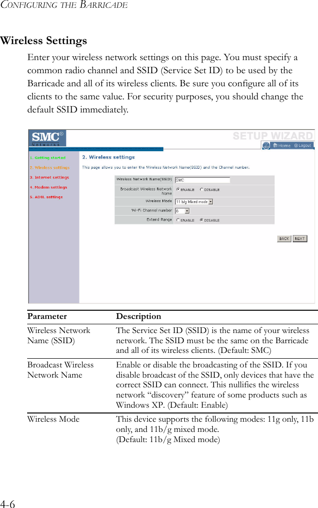 CONFIGURING THE BARRICADE4-6Wireless SettingsEnter your wireless network settings on this page. You must specify a common radio channel and SSID (Service Set ID) to be used by the Barricade and all of its wireless clients. Be sure you configure all of its clients to the same value. For security purposes, you should change the default SSID immediately.Parameter DescriptionWireless Network Name (SSID)The Service Set ID (SSID) is the name of your wireless network. The SSID must be the same on the Barricade and all of its wireless clients. (Default: SMC)Broadcast Wireless Network NameEnable or disable the broadcasting of the SSID. If you disable broadcast of the SSID, only devices that have the correct SSID can connect. This nullifies the wireless network “discovery” feature of some products such as Windows XP. (Default: Enable)Wireless Mode This device supports the following modes: 11g only, 11b only, and 11b/g mixed mode. (Default: 11b/g Mixed mode)