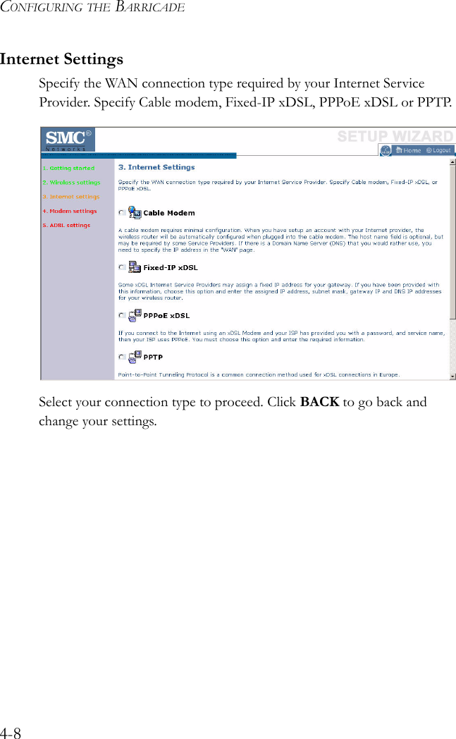 CONFIGURING THE BARRICADE4-8Internet SettingsSpecify the WAN connection type required by your Internet Service Provider. Specify Cable modem, Fixed-IP xDSL, PPPoE xDSL or PPTP.Select your connection type to proceed. Click BACK to go back and change your settings.