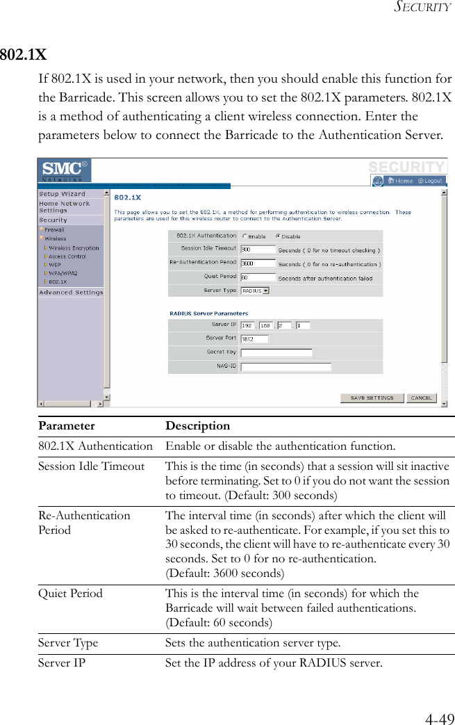 SECURITY4-49802.1XIf 802.1X is used in your network, then you should enable this function for the Barricade. This screen allows you to set the 802.1X parameters. 802.1X is a method of authenticating a client wireless connection. Enter the parameters below to connect the Barricade to the Authentication Server.Parameter Description802.1X Authentication Enable or disable the authentication function.Session Idle Timeout This is the time (in seconds) that a session will sit inactive before terminating. Set to 0 if you do not want the session to timeout. (Default: 300 seconds)Re-Authentication PeriodThe interval time (in seconds) after which the client will be asked to re-authenticate. For example, if you set this to 30 seconds, the client will have to re-authenticate every 30 seconds. Set to 0 for no re-authentication. (Default: 3600 seconds)Quiet Period This is the interval time (in seconds) for which the Barricade will wait between failed authentications. (Default: 60 seconds)Server Type Sets the authentication server type.Server IP Set the IP address of your RADIUS server.