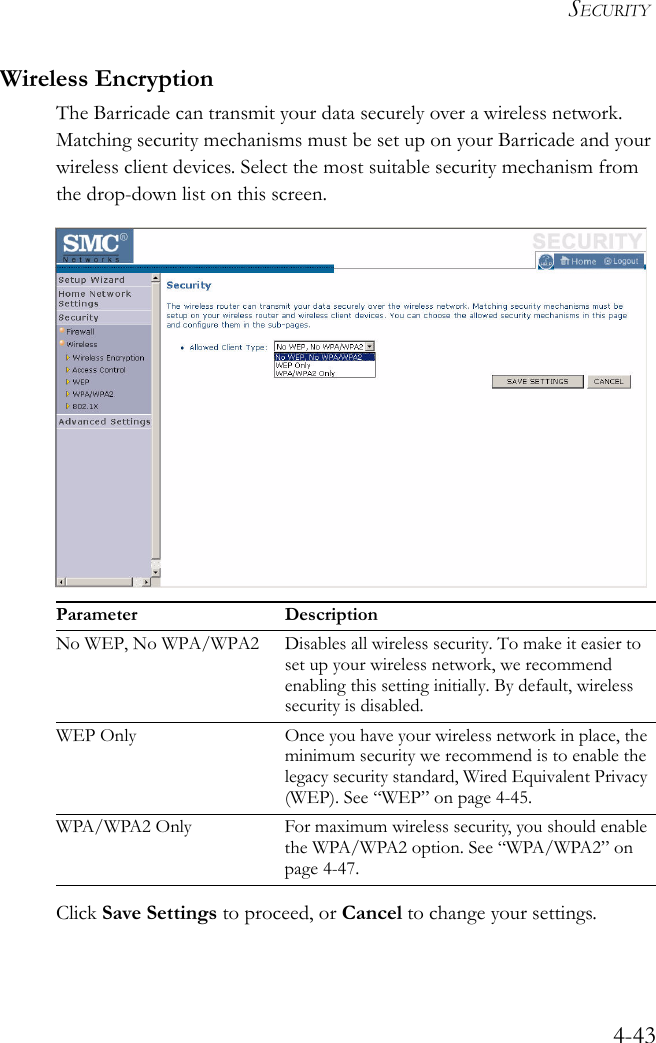 SECURITY4-43Wireless EncryptionThe Barricade can transmit your data securely over a wireless network. Matching security mechanisms must be set up on your Barricade and your wireless client devices. Select the most suitable security mechanism from the drop-down list on this screen.Click Save Settings to proceed, or Cancel to change your settings.Parameter DescriptionNo WEP, No WPA/WPA2 Disables all wireless security. To make it easier to set up your wireless network, we recommend enabling this setting initially. By default, wireless security is disabled.WEP Only Once you have your wireless network in place, the minimum security we recommend is to enable the legacy security standard, Wired Equivalent Privacy (WEP). See “WEP” on page 4-45.WPA/WPA2 Only For maximum wireless security, you should enable the WPA/WPA2 option. See “WPA/WPA2” on page 4-47.