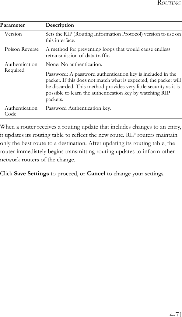 ROUTING4-71When a router receives a routing update that includes changes to an entry, it updates its routing table to reflect the new route. RIP routers maintain only the best route to a destination. After updating its routing table, the router immediately begins transmitting routing updates to inform other network routers of the change.Click Save Settings to proceed, or Cancel to change your settings.Version Sets the RIP (Routing Information Protocol) version to use on this interface.Poison Reverse A method for preventing loops that would cause endless retransmission of data traffic.Authentication Required None: No authentication.Password: A password authentication key is included in the packet. If this does not match what is expected, the packet will be discarded. This method provides very little security as it is possible to learn the authentication key by watching RIP packets.Authentication Code Password Authentication key.Parameter Description