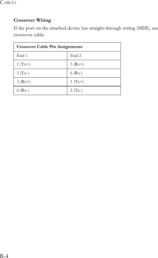 CABLESB-4Crossover WiringIf the port on the attached device has straight-through wiring (MDI), use crossover cable. Crossover Cable Pin AssignmentsEnd 1 End 21 (Tx+) 3 (Rx+)2 (Tx-) 6 (Rx-)3 (Rx+) 1 (Tx+)6 (Rx-) 2 (Tx-)