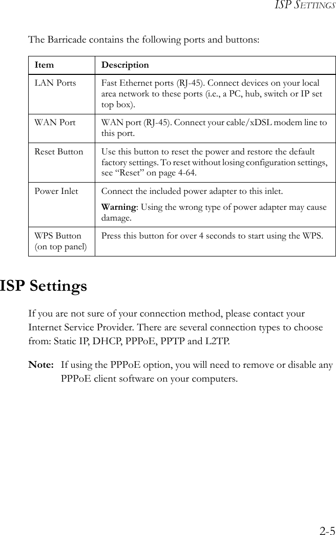 ISP SETTINGS2-5The Barricade contains the following ports and buttons:ISP SettingsIf you are not sure of your connection method, please contact your Internet Service Provider. There are several connection types to choose from: Static IP, DHCP, PPPoE, PPTP and L2TP. Note: If using the PPPoE option, you will need to remove or disable any PPPoE client software on your computers. Item DescriptionLAN Ports Fast Ethernet ports (RJ-45). Connect devices on your local area network to these ports (i.e., a PC, hub, switch or IP set top box).WAN Port WAN port (RJ-45). Connect your cable/xDSL modem line to this port.Reset Button Use this button to reset the power and restore the default factory settings. To reset without losing configuration settings, see “Reset” on page 4-64.Power Inlet Connect the included power adapter to this inlet.Warning: Using the wrong type of power adapter may cause damage.WPS Button (on top panel)Press this button for over 4 seconds to start using the WPS. 