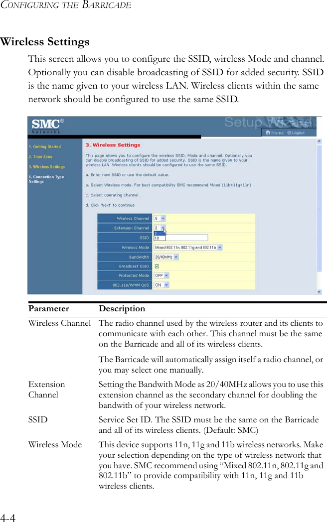 CONFIGURING THE BARRICADE4-4Wireless SettingsThis screen allows you to configure the SSID, wireless Mode and channel. Optionally you can disable broadcasting of SSID for added security. SSID is the name given to your wireless LAN. Wireless clients within the same network should be configured to use the same SSID.Parameter DescriptionWireless Channel The radio channel used by the wireless router and its clients to communicate with each other. This channel must be the same on the Barricade and all of its wireless clients.The Barricade will automatically assign itself a radio channel, or you may select one manually.Extension ChannelSetting the Bandwith Mode as 20/40MHz allows you to use this extension channel as the secondary channel for doubling the bandwith of your wireless network.SSID Service Set ID. The SSID must be the same on the Barricade and all of its wireless clients. (Default: SMC)Wireless Mode This device supports 11n, 11g and 11b wireless networks. Make your selection depending on the type of wireless network that you have. SMC recommend using “Mixed 802.11n, 802.11g and 802.11b” to provide compatibility with 11n, 11g and 11b wireless clients.
