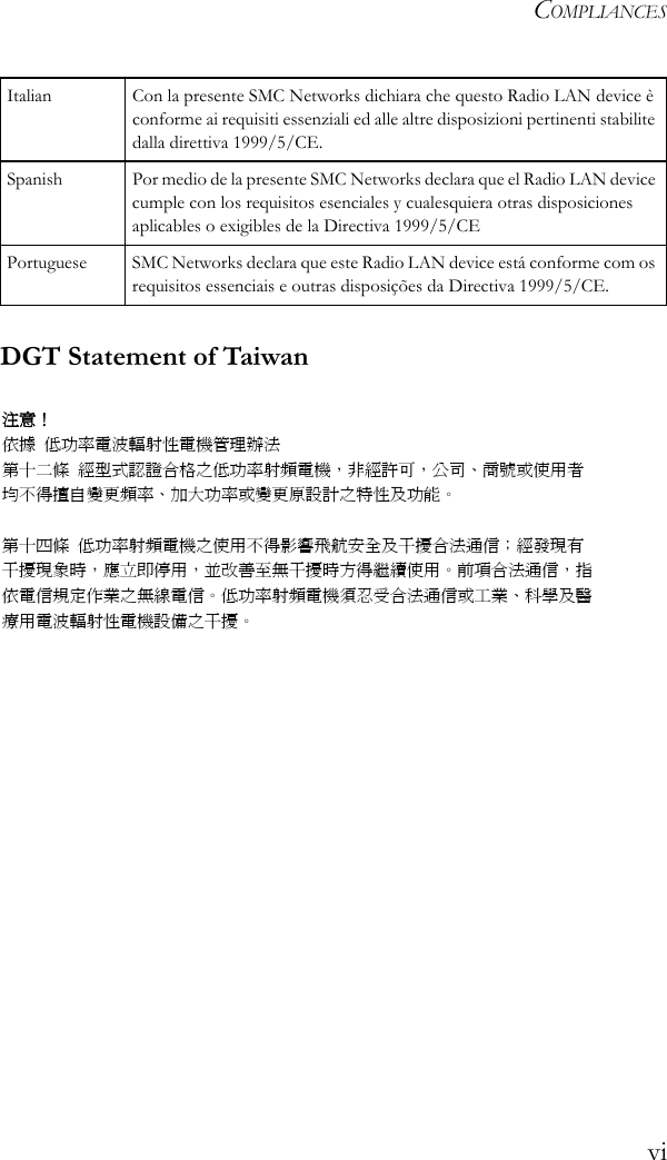 COMPLIANCESviDGT Statement of TaiwanItalian Con la presente SMC Networks dichiara che questo Radio LAN device è conforme ai requisiti essenziali ed alle altre disposizioni pertinenti stabilite dalla direttiva 1999/5/CE.Spanish Por medio de la presente SMC Networks declara que el Radio LAN device cumple con los requisitos esenciales y cualesquiera otras disposiciones aplicables o exigibles de la Directiva 1999/5/CEPortuguese SMC Networks declara que este Radio LAN device está conforme com os requisitos essenciais e outras disposições da Directiva 1999/5/CE.注意！ 依據  低功率電波輻射性電機管理辦法 第十二條  經型式認證合格之低功率射頻電機，非經許可，公司、商號或使用者 均不得擅自變更頻率、加大功率或變更原設計之特性及功能。  第十四條  低功率射頻電機之使用不得影響飛航安全及干擾合法通信；經發現有 干擾現象時，應立即停用，並改善至無干擾時方得繼續使用。前項合法通信，指 依電信規定作業之無線電信。低功率射頻電機須忍受合法通信或工業、科學及醫 療用電波輻射性電機設備之干擾。 