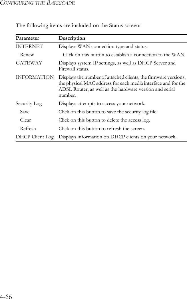 CONFIGURING THE BARRICADE4-66The following items are included on the Status screen:  Parameter DescriptionINTERNET Displays WAN connection type and status.Renew Click on this button to establish a connection to the WAN.GATEWAY Displays system IP settings, as well as DHCP Server and Firewall status.INFORMATION Displays the number of attached clients, the firmware versions, the physical MAC address for each media interface and for the ADSL Router, as well as the hardware version and serial number.Security Log Displays attempts to access your network.Save Click on this button to save the security log file.Clear Click on this button to delete the access log.Refresh Click on this button to refresh the screen.DHCP Client Log Displays information on DHCP clients on your network.