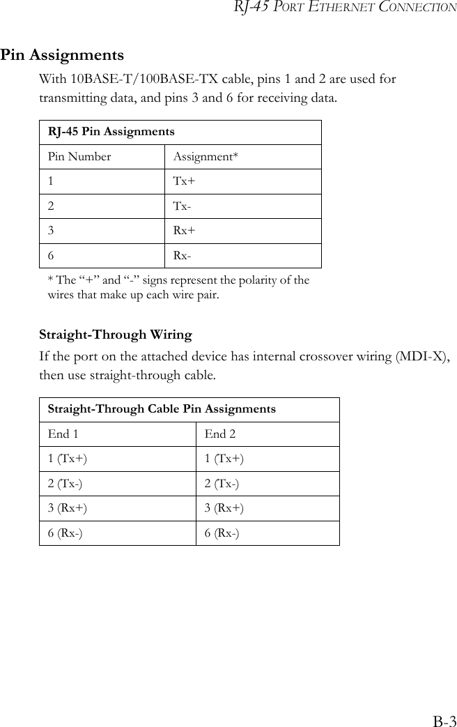 RJ-45 PORT ETHERNET CONNECTIONB-3Pin AssignmentsWith 10BASE-T/100BASE-TX cable, pins 1 and 2 are used for transmitting data, and pins 3 and 6 for receiving data.Straight-Through WiringIf the port on the attached device has internal crossover wiring (MDI-X), then use straight-through cable.RJ-45 Pin AssignmentsPin Number Assignment*1Tx+2Tx-3Rx+6Rx-* The “+” and “-” signs represent the polarity of the wires that make up each wire pair.Straight-Through Cable Pin AssignmentsEnd 1 End 21 (Tx+) 1 (Tx+)2 (Tx-) 2 (Tx-)3 (Rx+) 3 (Rx+)6 (Rx-) 6 (Rx-)
