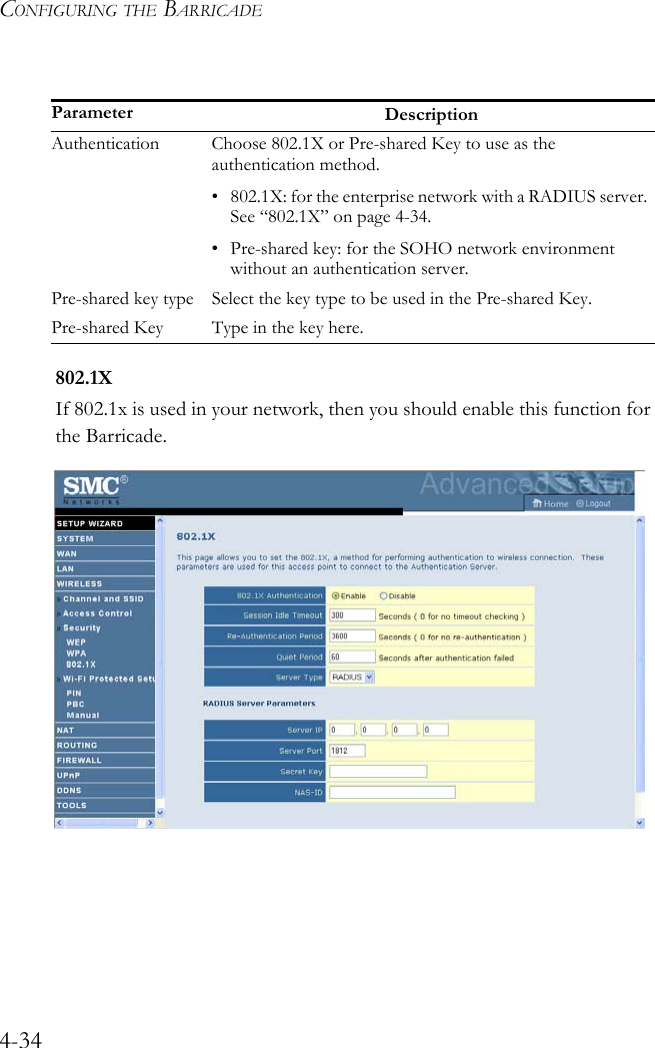 CONFIGURING THE BARRICADE4-34802.1XIf 802.1x is used in your network, then you should enable this function for the Barricade.Parameter DescriptionAuthentication Choose 802.1X or Pre-shared Key to use as the authentication method. • 802.1X: for the enterprise network with a RADIUS server. See “802.1X” on page 4-34.• Pre-shared key: for the SOHO network environment without an authentication server. Pre-shared key type Select the key type to be used in the Pre-shared Key. Pre-shared Key Type in the key here.