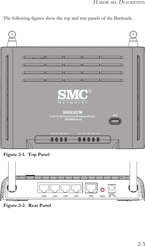 HARDWARE DESCRIPTION2-3The following figures show the top and rear panels of the Barricade.Figure 2-1.  Top Panel Figure 2-2.  Rear Panel9V 1A