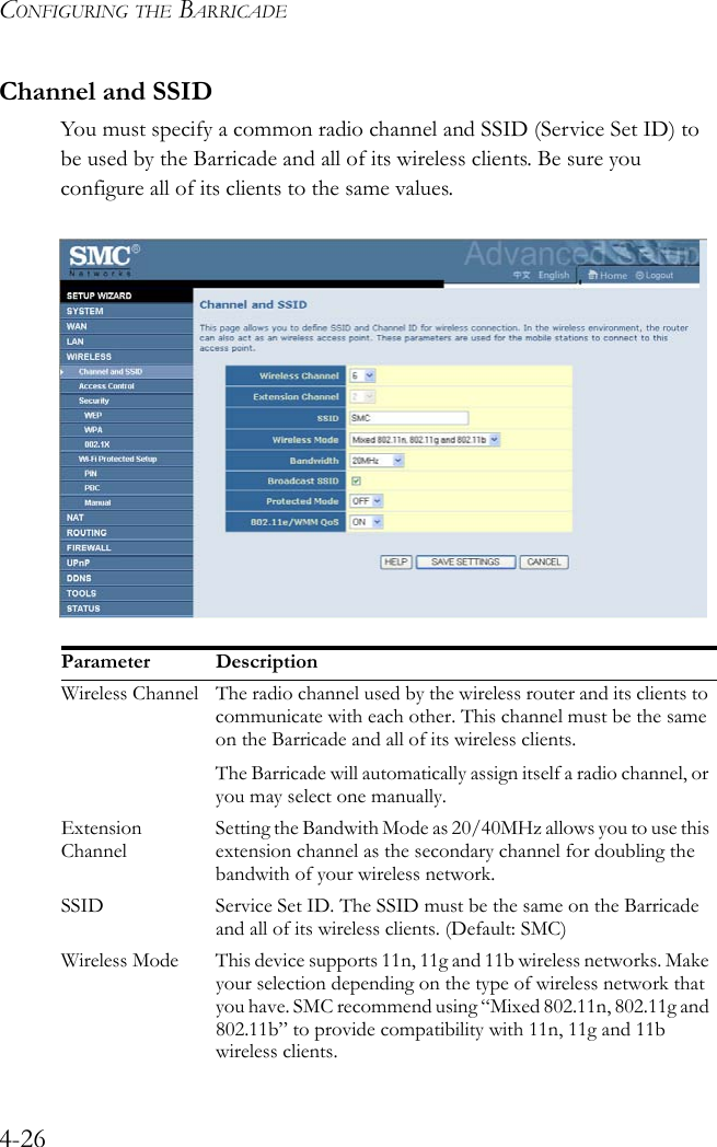 CONFIGURING THE BARRICADE4-26Channel and SSIDYou must specify a common radio channel and SSID (Service Set ID) to be used by the Barricade and all of its wireless clients. Be sure you configure all of its clients to the same values. Parameter DescriptionWireless Channel The radio channel used by the wireless router and its clients to communicate with each other. This channel must be the same on the Barricade and all of its wireless clients.The Barricade will automatically assign itself a radio channel, or you may select one manually.Extension ChannelSetting the Bandwith Mode as 20/40MHz allows you to use this extension channel as the secondary channel for doubling the bandwith of your wireless network.SSID Service Set ID. The SSID must be the same on the Barricade and all of its wireless clients. (Default: SMC)Wireless Mode This device supports 11n, 11g and 11b wireless networks. Make your selection depending on the type of wireless network that you have. SMC recommend using “Mixed 802.11n, 802.11g and 802.11b” to provide compatibility with 11n, 11g and 11b wireless clients.