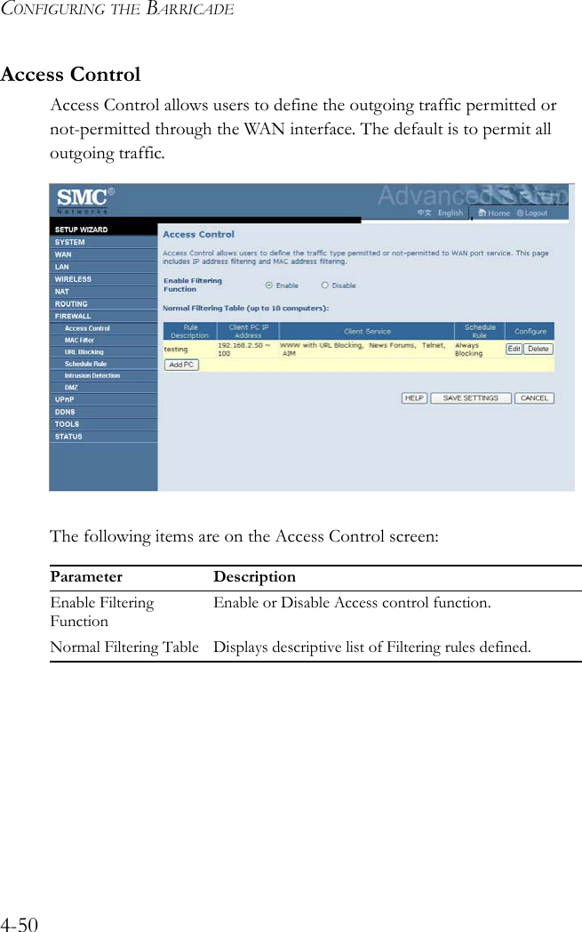 CONFIGURING THE BARRICADE4-50Access ControlAccess Control allows users to define the outgoing traffic permitted or not-permitted through the WAN interface. The default is to permit all outgoing traffic.The following items are on the Access Control screen:  Parameter DescriptionEnable Filtering FunctionEnable or Disable Access control function. Normal Filtering Table Displays descriptive list of Filtering rules defined. 