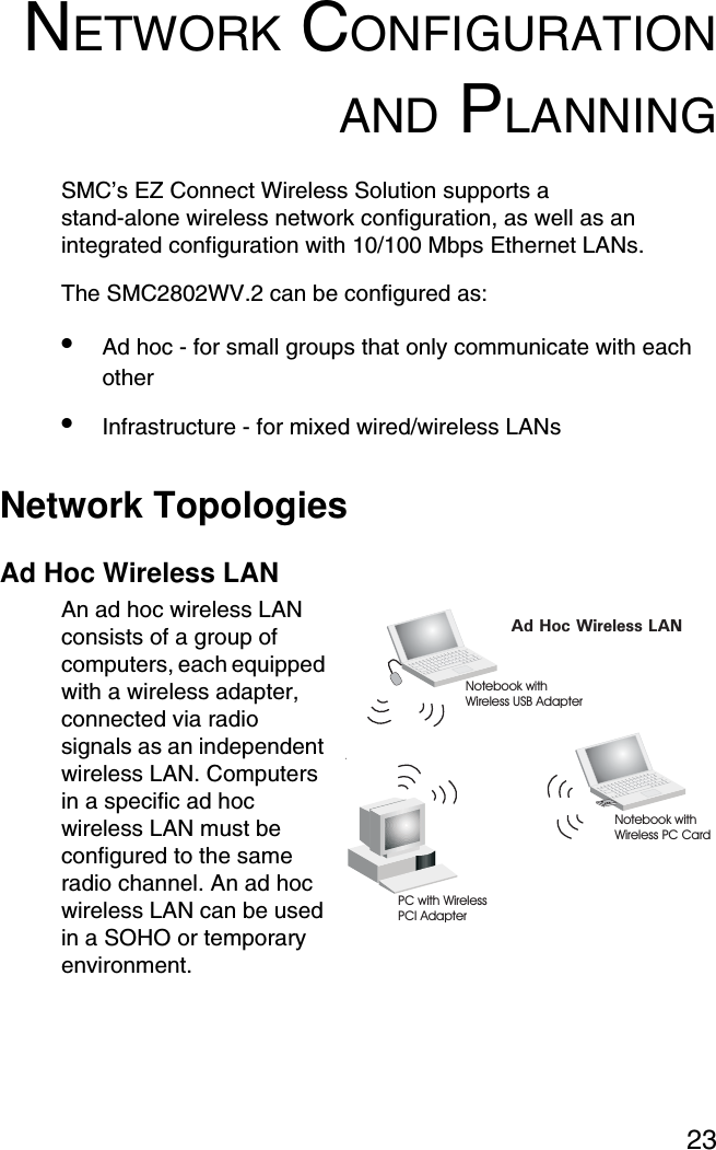 23NETWORK CONFIGURATIONAND PLANNINGSMC’s EZ Connect Wireless Solution supports a stand-alone wireless network configuration, as well as an integrated configuration with 10/100 Mbps Ethernet LANs.The SMC2802WV.2 can be configured as:•Ad hoc - for small groups that only communicate with each other•Infrastructure - for mixed wired/wireless LANsNetwork TopologiesAd Hoc Wireless LANAn ad hoc wireless LAN consists of a group of computers, each equipped with a wireless adapter, connected via radio signals as an independent wireless LAN. Computers in a specific ad hoc wireless LAN must be configured to the same radio channel. An ad hoc wireless LAN can be used in a SOHO or temporary environment.Ad Hoc Wireless LANNotebook withWireless USB AdapterNotebook withWireless PC CardPC with WirelessPCI Adapter