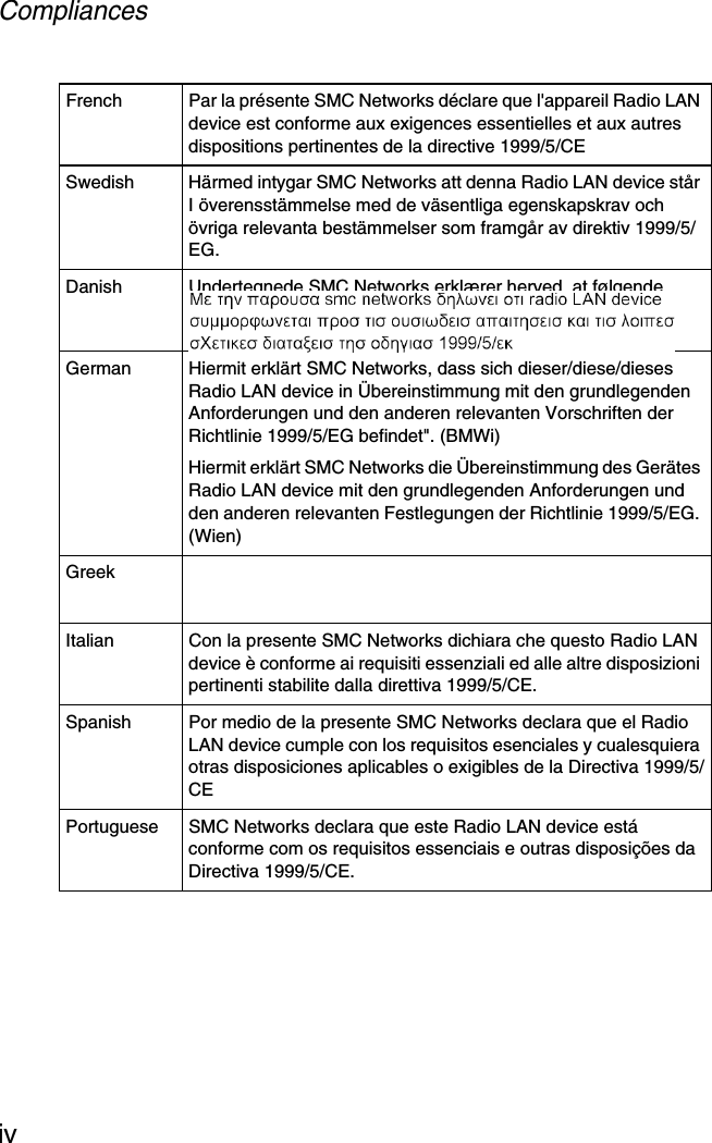 CompliancesivFrench Par la présente SMC Networks déclare que l&apos;appareil Radio LAN device est conforme aux exigences essentielles et aux autres dispositions pertinentes de la directive 1999/5/CESwedish Härmed intygar SMC Networks att denna Radio LAN device står I överensstämmelse med de väsentliga egenskapskrav och övriga relevanta bestämmelser som framgår av direktiv 1999/5/EG.Danish Undertegnede SMC Networks erklærer herved, at følgende udstyr Radio LAN device overholder de væsentlige krav og øvrige relevante krav i direktiv 1999/5/EFGerman Hiermit erklärt SMC Networks, dass sich dieser/diese/dieses Radio LAN device in Übereinstimmung mit den grundlegenden Anforderungen und den anderen relevanten Vorschriften der Richtlinie 1999/5/EG befindet&quot;. (BMWi)Hiermit erklärt SMC Networks die Übereinstimmung des Gerätes Radio LAN device mit den grundlegenden Anforderungen und den anderen relevanten Festlegungen der Richtlinie 1999/5/EG. (Wien)GreekItalian Con la presente SMC Networks dichiara che questo Radio LAN device è conforme ai requisiti essenziali ed alle altre disposizioni pertinenti stabilite dalla direttiva 1999/5/CE.Spanish Por medio de la presente SMC Networks declara que el Radio LAN device cumple con los requisitos esenciales y cualesquiera otras disposiciones aplicables o exigibles de la Directiva 1999/5/CEPortuguese SMC Networks declara que este Radio LAN device está conforme com os requisitos essenciais e outras disposições da Directiva 1999/5/CE.