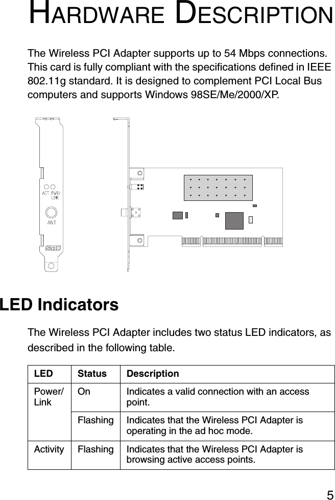 5HARDWARE DESCRIPTIONThe Wireless PCI Adapter supports up to 54 Mbps connections. This card is fully compliant with the specifications defined in IEEE 802.11g standard. It is designed to complement PCI Local Bus computers and supports Windows 98SE/Me/2000/XP.LED IndicatorsThe Wireless PCI Adapter includes two status LED indicators, as described in the following table.LED Status DescriptionPower/Link On Indicates a valid connection with an access point.Flashing  Indicates that the Wireless PCI Adapter is operating in the ad hoc mode.Activity Flashing Indicates that the Wireless PCI Adapter is browsing active access points.