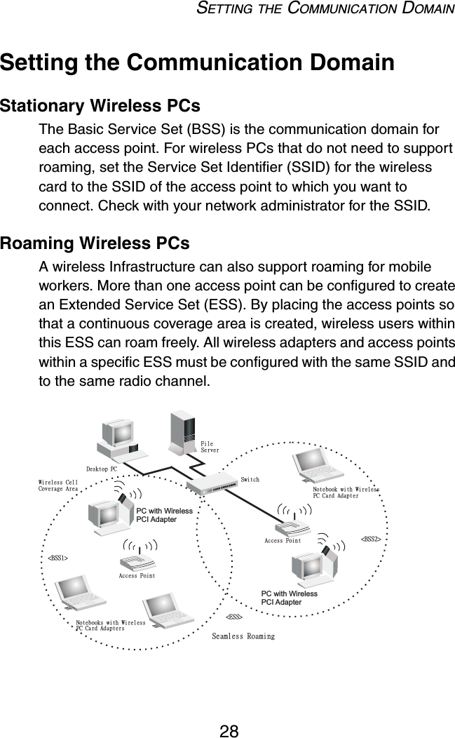 SETTING THE COMMUNICATION DOMAIN28Setting the Communication DomainStationary Wireless PCs The Basic Service Set (BSS) is the communication domain for each access point. For wireless PCs that do not need to support roaming, set the Service Set Identifier (SSID) for the wireless card to the SSID of the access point to which you want to connect. Check with your network administrator for the SSID.Roaming Wireless PCs A wireless Infrastructure can also support roaming for mobile workers. More than one access point can be configured to create an Extended Service Set (ESS). By placing the access points so that a continuous coverage area is created, wireless users within this ESS can roam freely. All wireless adapters and access points within a specific ESS must be configured with the same SSID and to the same radio channel.FileServerSwitchDesktop PCAccess PointNotebooks with WirelessPC Card AdaptersSeamless Roaming&lt;BSS2&gt;&lt;ESS&gt;&lt;BSS1&gt;Notebook with WirelessPC Card AdapterAccess PointWireless CellCoverage AreaPC with WirelessPCI AdapterPC with WirelessPCI Adapter