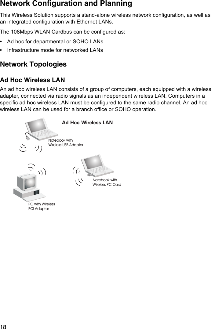 18Network Configuration and PlanningThis Wireless Solution supports a stand-alone wireless network configuration, as well as an integrated configuration with Ethernet LANs.The 108Mbps WLAN Cardbus can be configured as:•Ad hoc for departmental or SOHO LANs•Infrastructure mode for networked LANsNetwork TopologiesAd Hoc Wireless LANAn ad hoc wireless LAN consists of a group of computers, each equipped with a wireless adapter, connected via radio signals as an independent wireless LAN. Computers in a specific ad hoc wireless LAN must be configured to the same radio channel. An ad hoc wireless LAN can be used for a branch office or SOHO operation.Ad Hoc Wireless LANNotebook withWireless USB AdapterNotebook withWireless PC CardPC with WirelessPCI Adapter