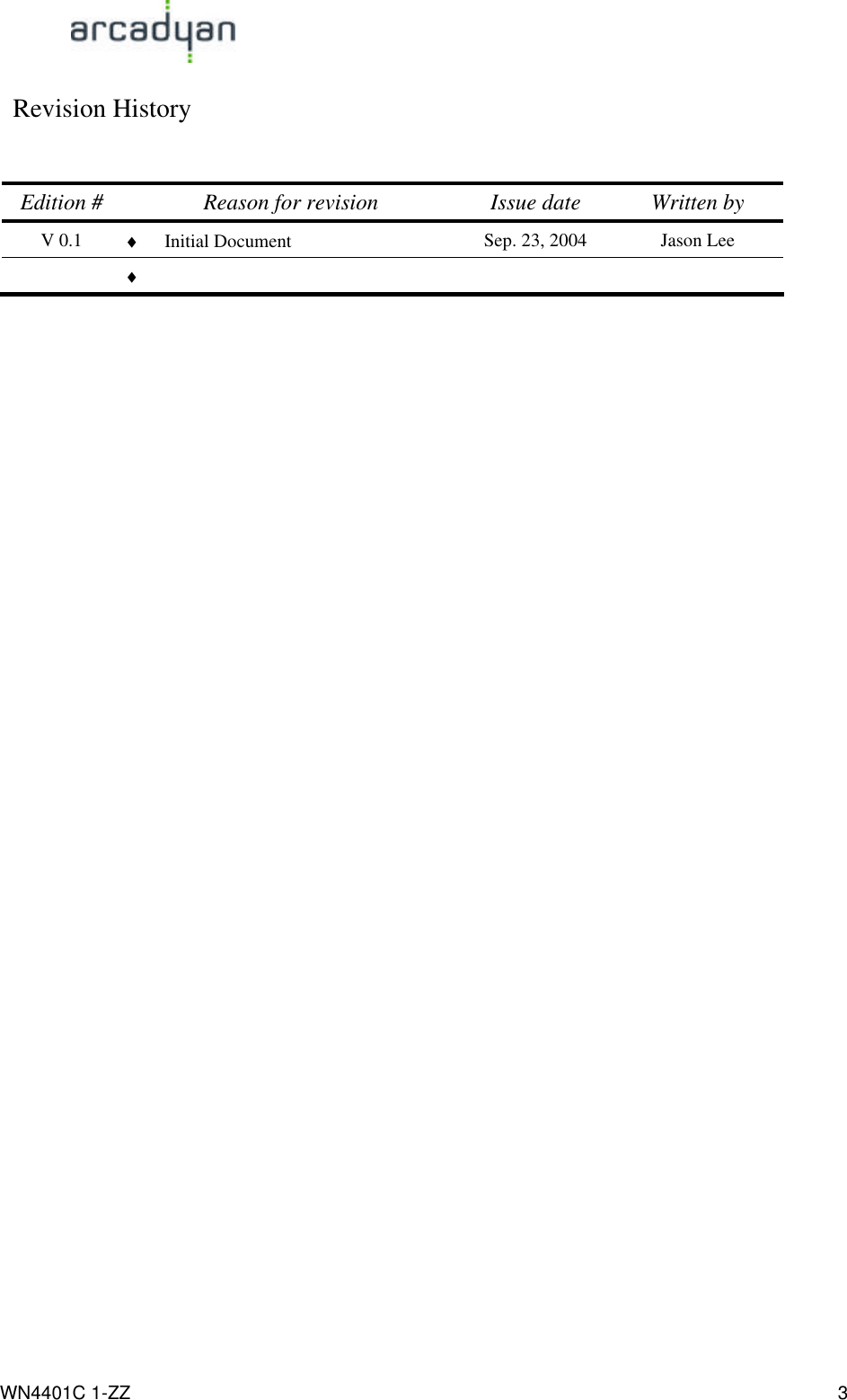                                                                                            WN4401C 1-ZZ 3  Revision History    Edition # Reason for revision Issue date Written by V 0.1 ♦ Initial Document Sep. 23, 2004 Jason Lee  ♦     