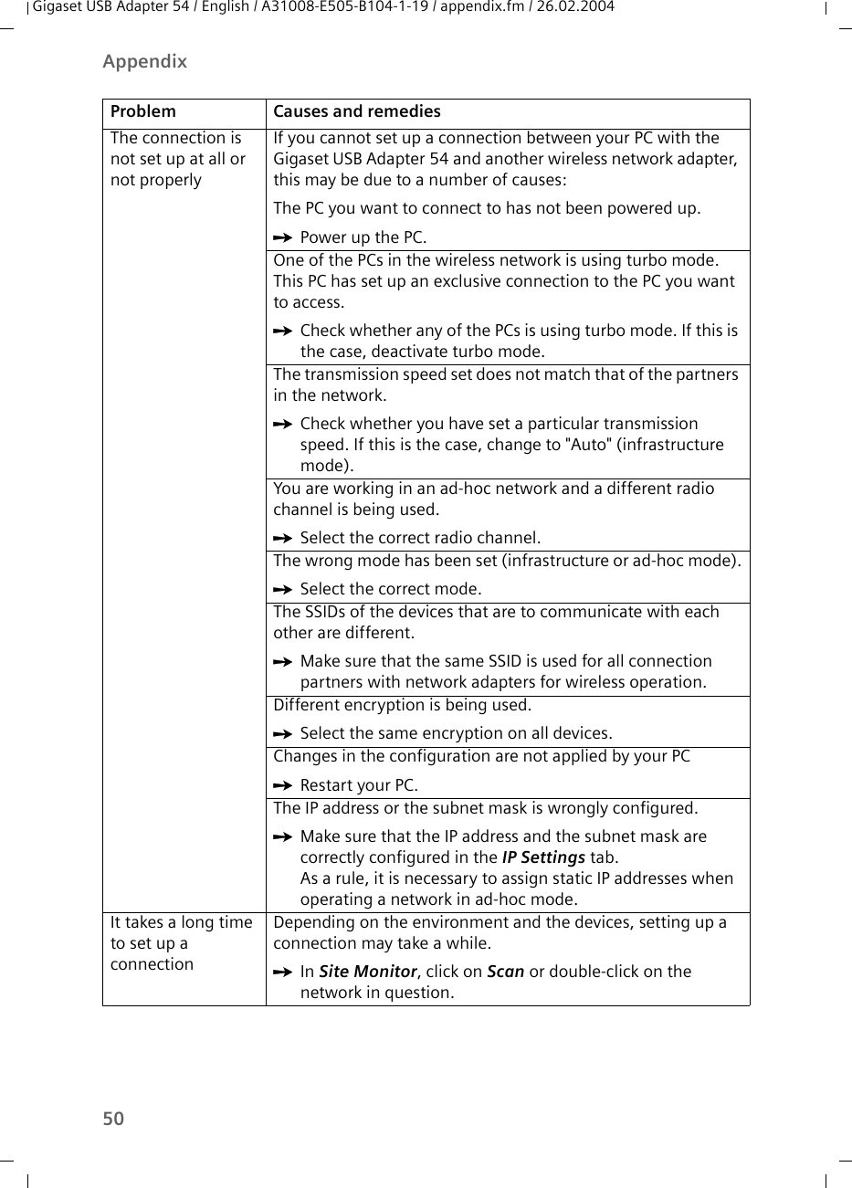 50AppendixGigaset USB Adapter 54 / English / A31008-E505-B104-1-19 / appendix.fm / 26.02.2004The connection is not set up at all or not properlyIf you cannot set up a connection between your PC with the Gigaset USB Adapter 54 and another wireless network adapter, this may be due to a number of causes:The PC you want to connect to has not been powered up.ìPower up the PC.One of the PCs in the wireless network is using turbo mode. This PC has set up an exclusive connection to the PC you want to access.ìCheck whether any of the PCs is using turbo mode. If this is the case, deactivate turbo mode.The transmission speed set does not match that of the partners in the network.ìCheck whether you have set a particular transmission speed. If this is the case, change to &quot;Auto&quot; (infrastructure mode).You are working in an ad-hoc network and a different radio channel is being used.ìSelect the correct radio channel.The wrong mode has been set (infrastructure or ad-hoc mode).ìSelect the correct mode.The SSIDs of the devices that are to communicate with each other are different.ìMake sure that the same SSID is used for all connection partners with network adapters for wireless operation.Different encryption is being used.ìSelect the same encryption on all devices.Changes in the configuration are not applied by your PCìRestart your PC.The IP address or the subnet mask is wrongly configured. ìMake sure that the IP address and the subnet mask are correctly configured in the IP Settings tab.As a rule, it is necessary to assign static IP addresses when operating a network in ad-hoc mode.It takes a long time to set up a connectionDepending on the environment and the devices, setting up a connection may take a while.ìIn Site Monitor, click on Scan or double-click on the network in question.Problem Causes and remedies
