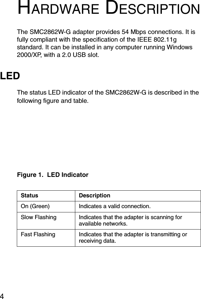 4HARDWARE DESCRIPTIONThe SMC2862W-G adapter provides 54 Mbps connections. It is fully compliant with the specification of the IEEE 802.11g standard. It can be installed in any computer running Windows 2000/XP, with a 2.0 USB slot. LEDThe status LED indicator of the SMC2862W-G is described in the following figure and table.Figure 1.  LED Indicator Status DescriptionOn (Green) Indicates a valid connection.Slow Flashing  Indicates that the adapter is scanning for available networks.Fast Flashing  Indicates that the adapter is transmitting or receiving data.