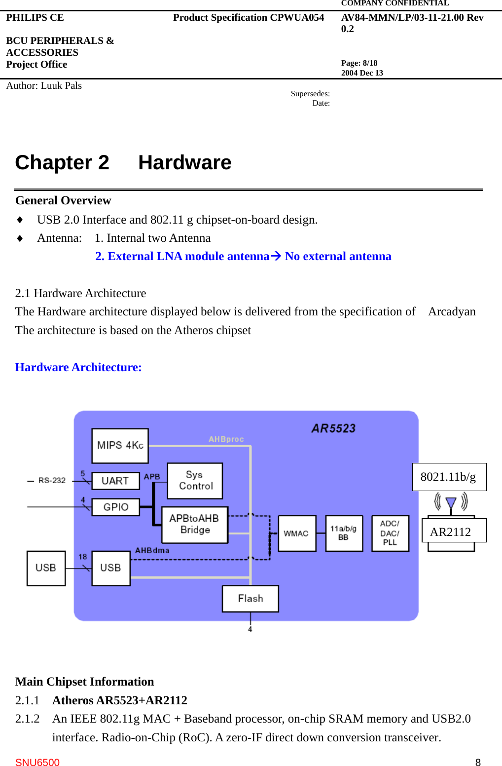   COMPANY CONFIDENTIAL PHILIPS CE  BCU PERIPHERALS &amp; ACCESSORIES Project Office Product Specification CPWUA054  AV84-MMN/LP/03-11-21.00 Rev 0.2   Page: 8/18 2004 Dec 13   Author: Luuk Pals  Supersedes:Date:      SNU6500  8Chapter 2   Hardware General Overview ♦  USB 2.0 Interface and 802.11 g chipset-on-board design. ♦  Antenna:  1. Internal two Antenna 2. External LNA module antennaÆ No external antenna  2.1 Hardware Architecture The Hardware architecture displayed below is delivered from the specification of    Arcadyan The architecture is based on the Atheros chipset    Hardware Architecture:     Main Chipset Information 2.1.1  Atheros AR5523+AR2112 2.1.2  An IEEE 802.11g MAC + Baseband processor, on-chip SRAM memory and USB2.0 interface. Radio-on-Chip (RoC). A zero-IF direct down conversion transceiver.   AR21128021.11b/g