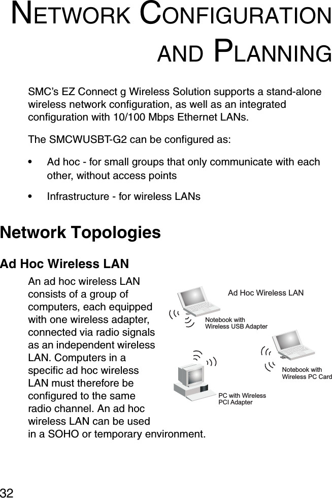 32NETWORK CONFIGURATIONAND PLANNINGSMC’s EZ Connect g Wireless Solution supports a stand-alone wireless network configuration, as well as an integrated configuration with 10/100 Mbps Ethernet LANs.The SMCWUSBT-G2 can be configured as:•Ad hoc - for small groups that only communicate with each other, without access points•Infrastructure - for wireless LANsNetwork TopologiesAd Hoc Wireless LANAn ad hoc wireless LAN consists of a group of computers, each equipped with one wireless adapter, connected via radio signals as an independent wireless LAN. Computers in a specific ad hoc wireless LAN must therefore be configured to the same radio channel. An ad hoc wireless LAN can be used in a SOHO or temporary environment. Notebook withWireless USB AdapterNotebook withWireless PC CardPC with WirelessPCI AdapterAd Hoc Wireless LAN