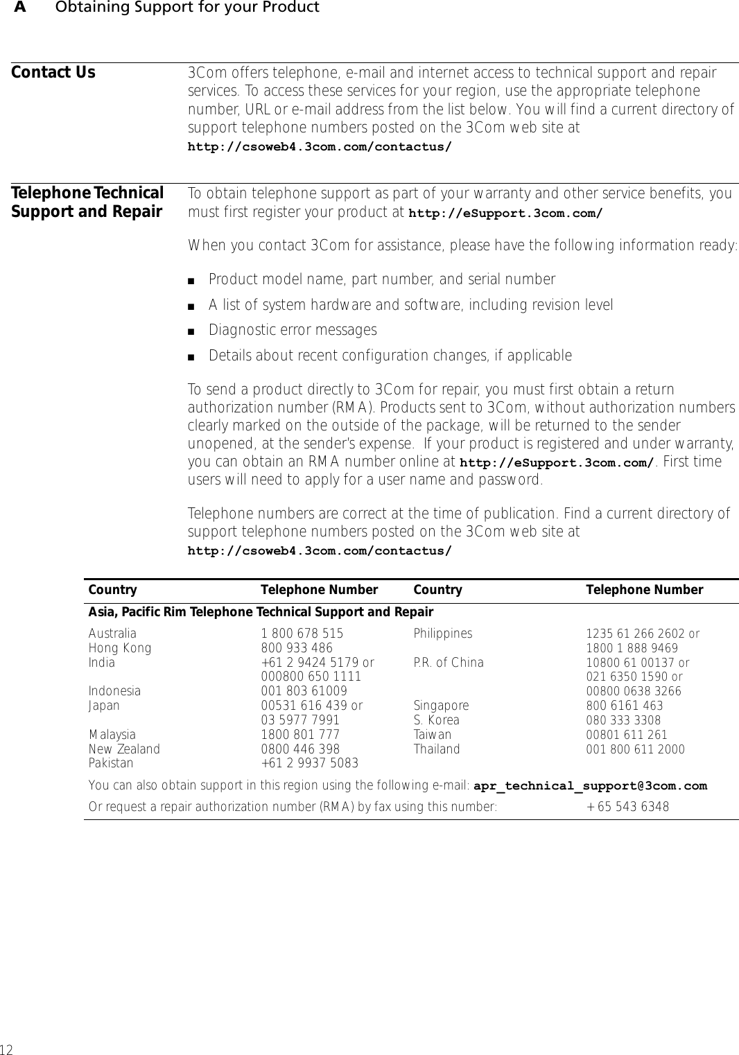 AObtaining Support for your Product12Contact Us 3Com offers telephone, e-mail and internet access to technical support and repair services. To access these services for your region, use the appropriate telephone number, URL or e-mail address from the list below. You will find a current directory of support telephone numbers posted on the 3Com web site at http://csoweb4.3com.com/contactus/Telephone Technical Support and Repair To obtain telephone support as part of your warranty and other service benefits, you must first register your product at http://eSupport.3com.com/When you contact 3Com for assistance, please have the following information ready:■Product model name, part number, and serial number■A list of system hardware and software, including revision level■Diagnostic error messages■Details about recent configuration changes, if applicableTo send a product directly to 3Com for repair, you must first obtain a return authorization number (RMA). Products sent to 3Com, without authorization numbers clearly marked on the outside of the package, will be returned to the sender unopened, at the sender’s expense.  If your product is registered and under warranty, you can obtain an RMA number online at http://eSupport.3com.com/. First time users will need to apply for a user name and password.Telephone numbers are correct at the time of publication. Find a current directory of support telephone numbers posted on the 3Com web site at http://csoweb4.3com.com/contactus/Country Telephone Number Country Telephone NumberAsia, Pacific Rim Telephone Technical Support and RepairAustraliaHong KongIndiaIndonesiaJapanMalaysiaNew ZealandPakistan1 800 678 515800 933 486+61 2 9424 5179 or000800 650 1111001 803 6100900531 616 439 or03 5977 79911800 801 7770800 446 398+61 2 9937 5083PhilippinesP.R. of ChinaSingaporeS. KoreaTaiwanThailand1235 61 266 2602 or1800 1 888 946910800 61 00137 or021 6350 1590 or00800 0638 3266800 6161 463080 333 330800801 611 261001 800 611 2000You can also obtain support in this region using the following e-mail: apr_technical_support@3com.comOr request a repair authorization number (RMA) by fax using this number:  + 65 543 6348 