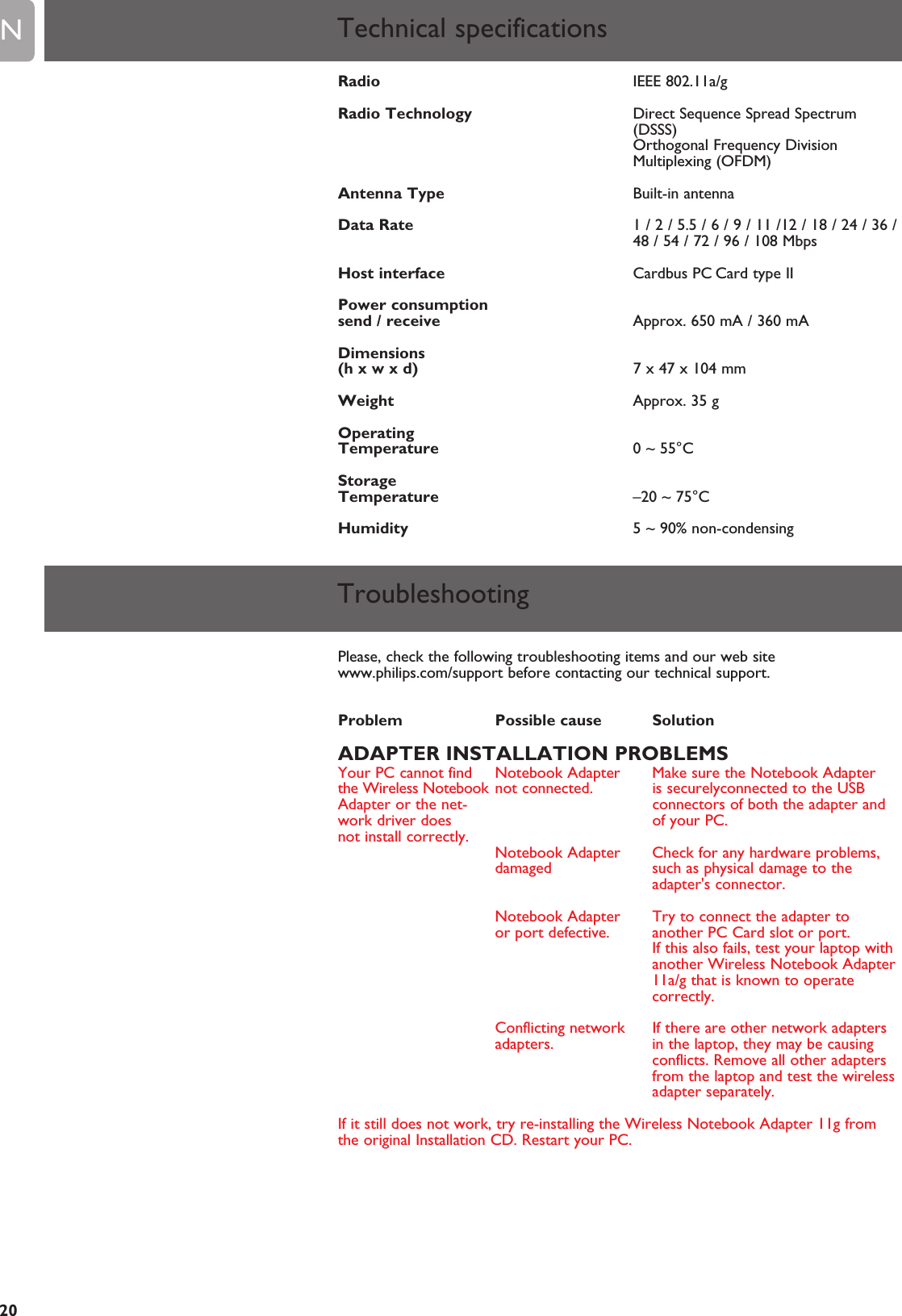 EN20Technical specificationsRadio IEEE 802.11a/gRadio Technology Direct Sequence Spread Spectrum(DSSS)Orthogonal Frequency DivisionMultiplexing (OFDM)Antenna Type Built-in antennaData Rate 1 / 2 / 5.5 / 6 / 9 / 11 /12 / 18 / 24 / 36 /48 / 54 / 72 / 96 / 108 MbpsHost interface Cardbus PC Card type IIPower consumption send / receive Approx. 650 mA / 360 mADimensions(h x w x d)  7 x 47 x 104 mmWeight Approx. 35 gOperating Temperature 0 ~ 55°CStorage Temperature –20 ~ 75°CHumidity 5 ~ 90% non-condensingTroubleshootingPlease, check the following troubleshooting items and our web sitewww.philips.com/support before contacting our technical support.Problem Possible cause SolutionADAPTER INSTALLATION PROBLEMSYour PC cannot find Notebook Adapter  Make sure the Notebook Adapter  the Wireless Notebook not connected. is securelyconnected to the USB  Adapter or the net- connectors of both the adapter and work driver does of your PC.not install correctly. Notebook Adapter  Check for any hardware problems,damaged such as physical damage to theadapter&apos;s connector.Notebook Adapter   Try to connect the adapter to or port defective.  another PC Card slot or port. If this also fails, test your laptop withanother Wireless Notebook Adapter11a/g that is known to operatecorrectly.Conflicting network If there are other network adapters adapters. in the laptop, they may be causingconflicts. Remove all other adaptersfrom the laptop and test the wirelessadapter separately.If it still does not work, try re-installing the Wireless Notebook Adapter 11g fromthe original Installation CD. Restart your PC.