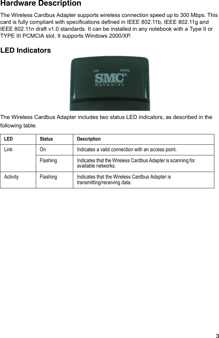 3Hardware Description The Wireless Cardbus Adapter supports wireless connection speed up to 300 Mbps. This card is fully compliant with specifications defined in IEEE 802.11b, IEEE 802.11g and IEEE 802.11n draft v1.0 standards. It can be installed in any notebook with a Type II or TYPE III PCMCIA slot. It supports Windows 2000/XP.LED IndicatorsThe Wireless Cardbus Adapter includes two status LED indicators, as described in the following table.LED Status DescriptionLink On Indicates a valid connection with an access point.Flashing Indicates that the Wireless Cardbus Adapter is scanning for available networks.Activity Flashing Indicates that the Wireless Cardbus Adapter is transmitting/receiving data.