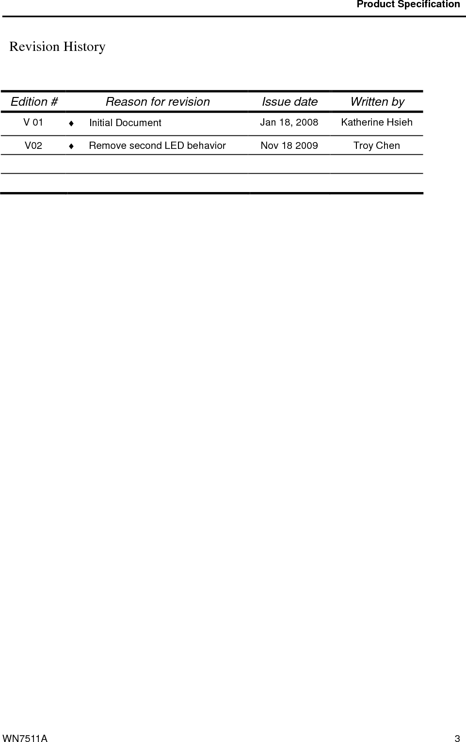                                           Product Specification                                              WN7511A  3   Revision History    Edition #  Reason for revision  Issue date  Written by V 01  ♦  Initial Document  Jan 18, 2008  Katherine Hsieh V02  ♦  Remove second LED behavior  Nov 18 2009  Troy Chen               