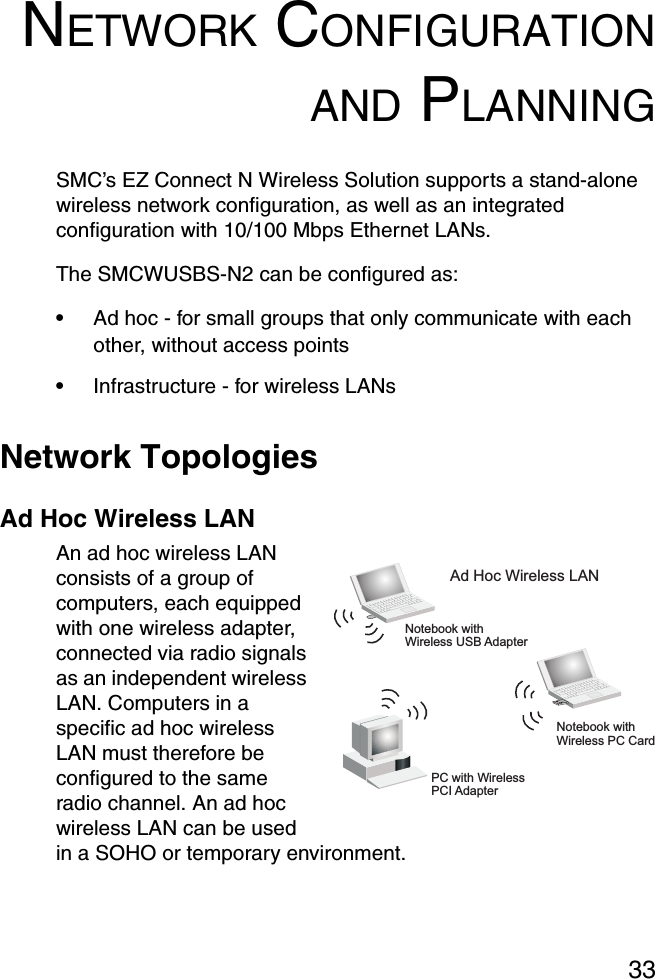 33NETWORK CONFIGURATIONAND PLANNINGSMC’s EZ Connect N Wireless Solution supports a stand-alone wireless network configuration, as well as an integrated configuration with 10/100 Mbps Ethernet LANs.The SMCWUSBS-N2 can be configured as:•Ad hoc - for small groups that only communicate with each other, without access points•Infrastructure - for wireless LANsNetwork TopologiesAd Hoc Wireless LANAn ad hoc wireless LAN consists of a group of computers, each equipped with one wireless adapter, connected via radio signals as an independent wireless LAN. Computers in a specific ad hoc wireless LAN must therefore be configured to the same radio channel. An ad hoc wireless LAN can be used in a SOHO or temporary environment. Notebook withWireless USB AdapterNotebook withWireless PC CardPC with WirelessPCI AdapterAd Hoc Wireless LAN