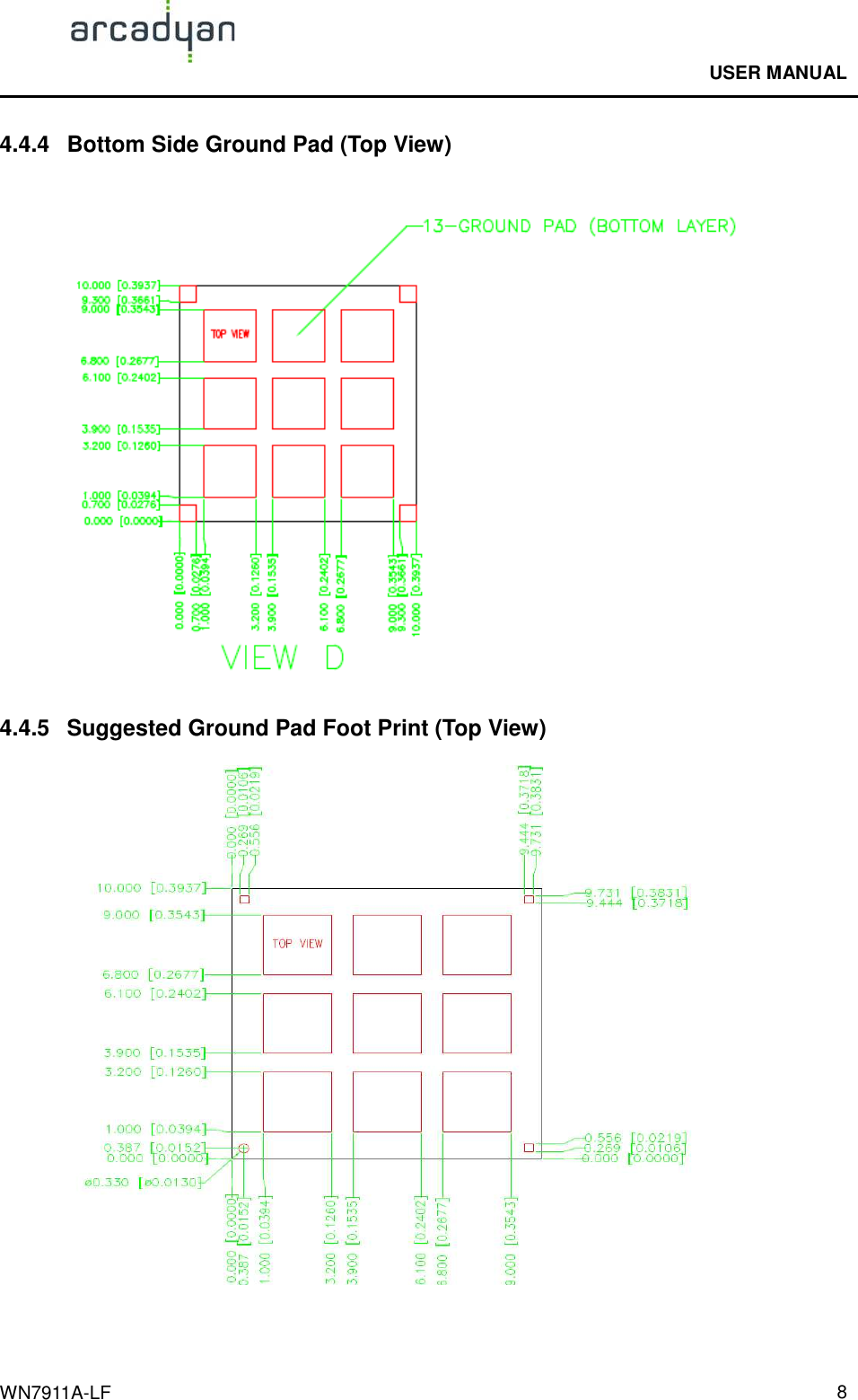                                              USER MANUAL                                              WN7911A-LF  8 4.4.4  Bottom Side Ground Pad (Top View)  4.4.5  Suggested Ground Pad Foot Print (Top View)  